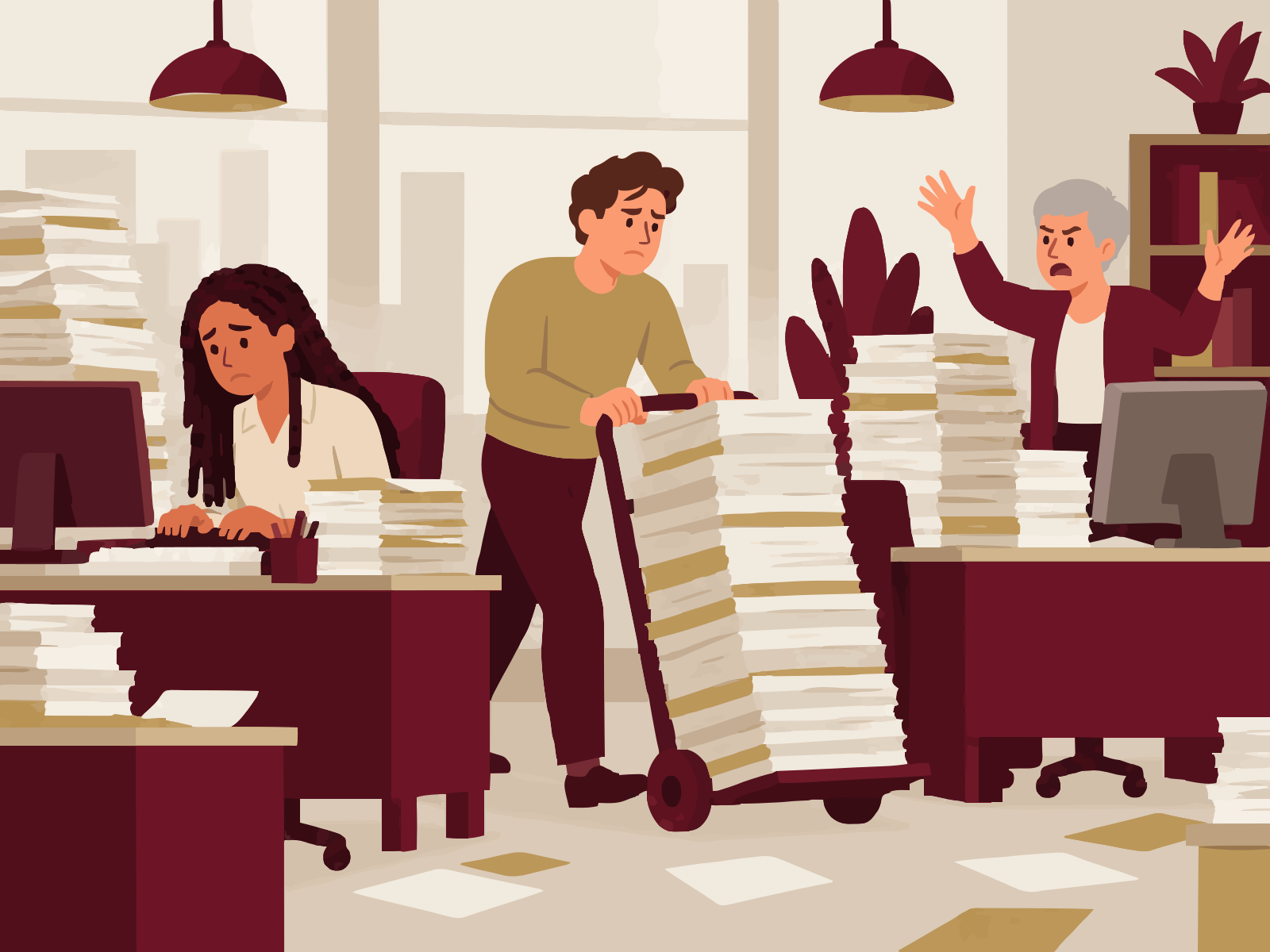 A worker types from a huge paper stack while a colleague pushes a dolly of more paper to a third, who throws up her arms in anger.