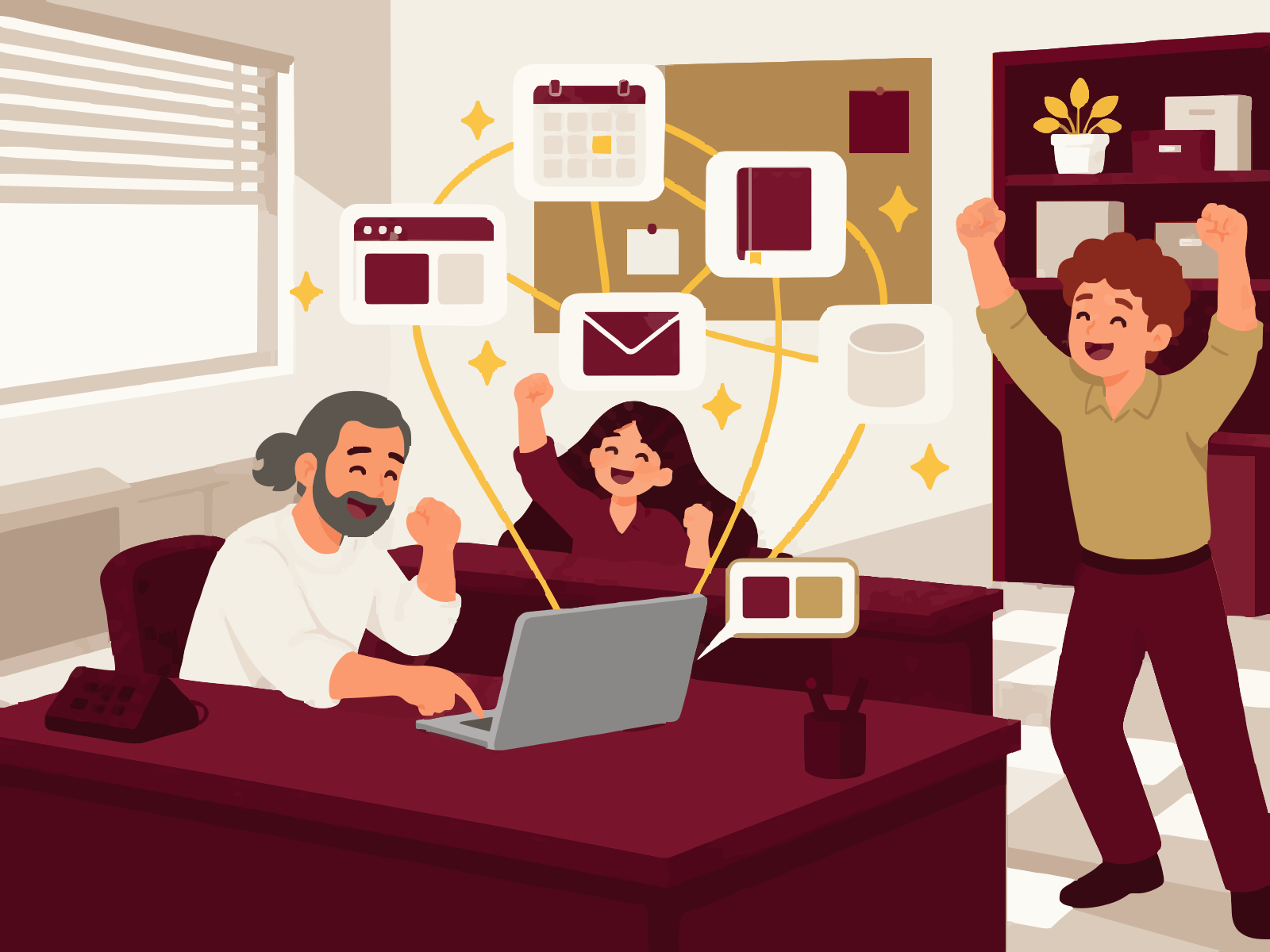 The same office: one laptop joined by gold lines to the website, calendar, books, email and storage, one key press, and the three workers cheering.