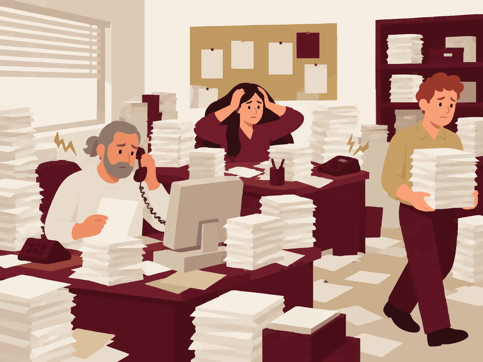 An office buried in paper stacks, with an old computer and ringing phones; one worker on the phone, one holding her head, one carrying a tall stack.