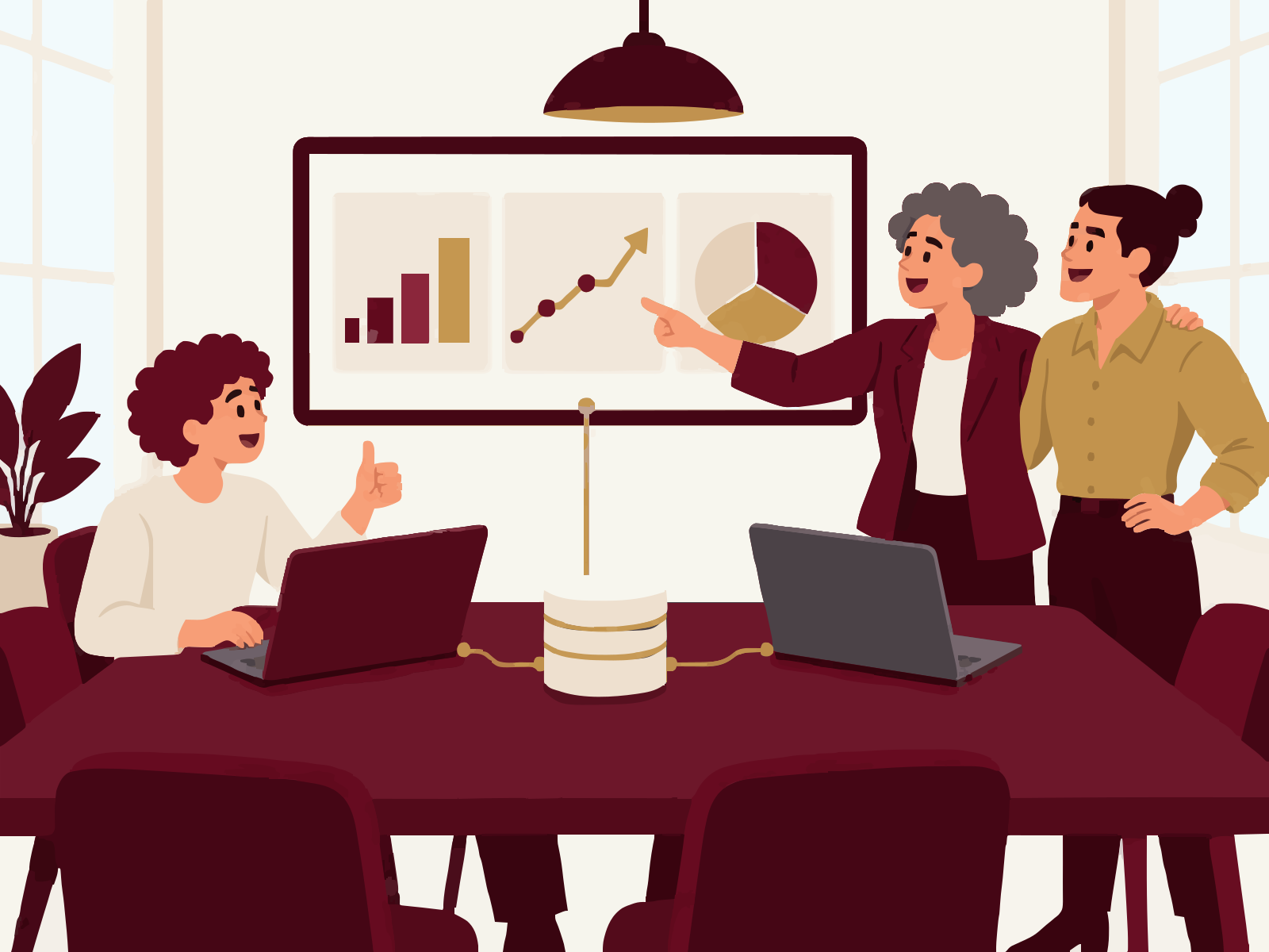 The same room: the laptops feed one source and one clear dashboard on the wall, and the three people smile and agree.