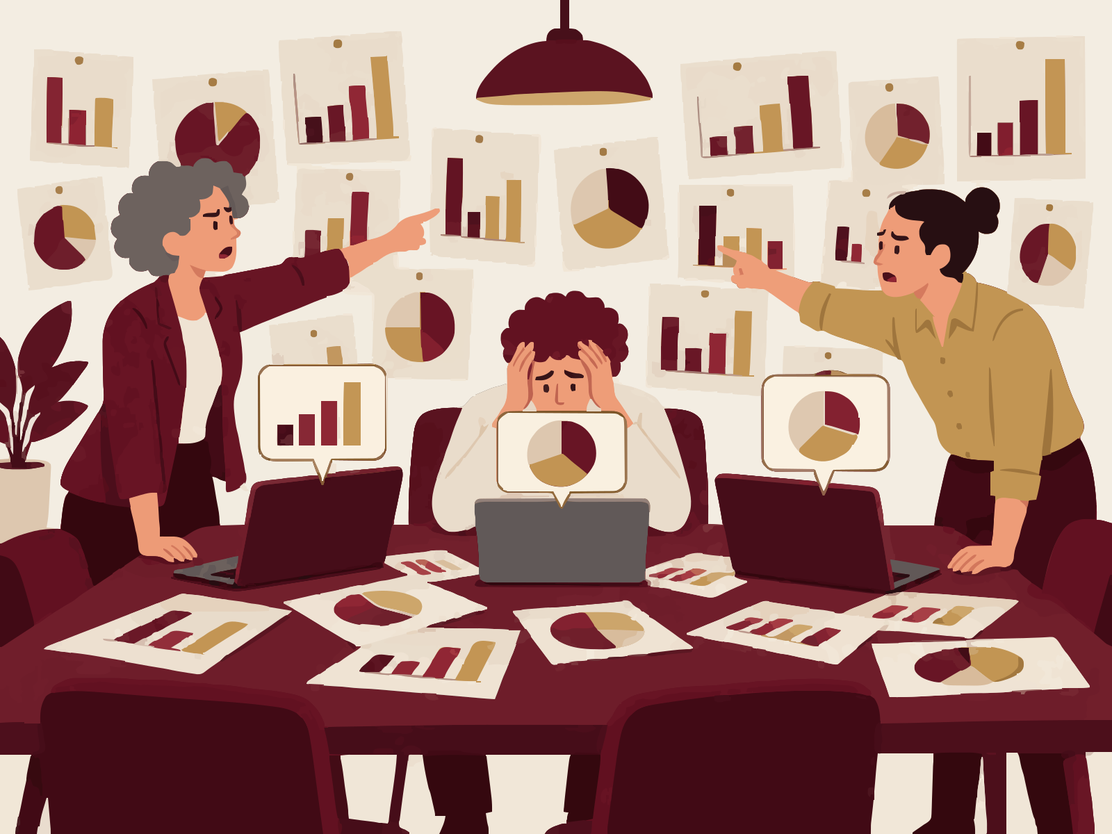 A wall of disagreeing charts; two people argue, pointing at different printouts, while a third holds his head over laptops showing different charts.