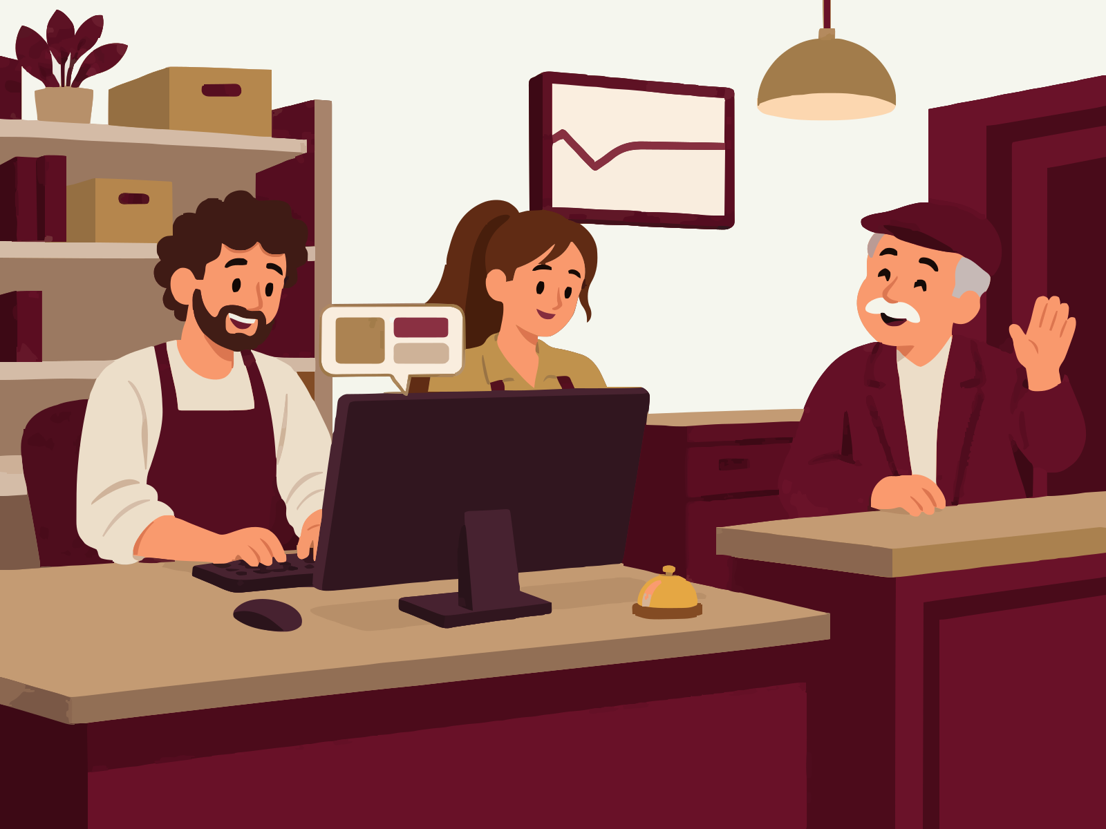 The same shop: the computer works, the wall chart has steadied, the two workers smile and the customer waves.
