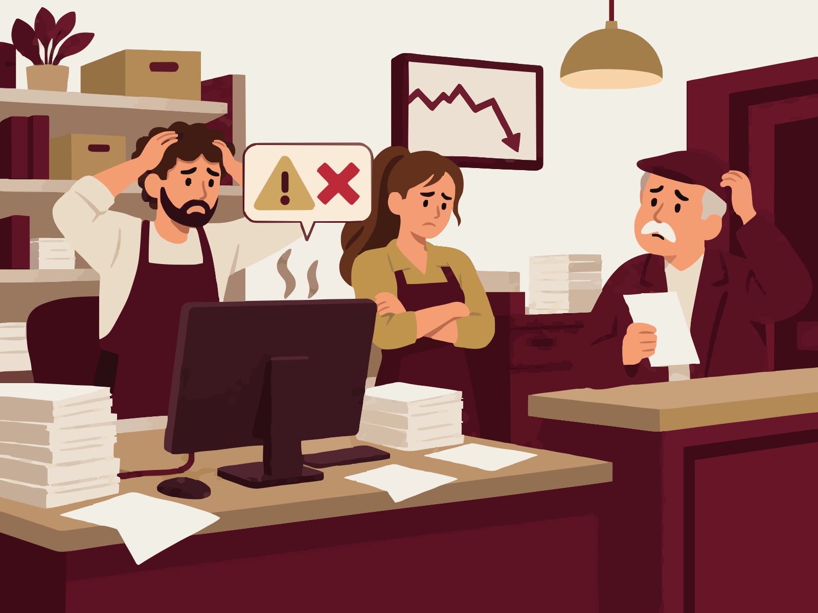 A warning sign and an X float over a smoking computer, a wall chart crashes, a worker holds his head, a colleague frowns and a customer scratches his head.