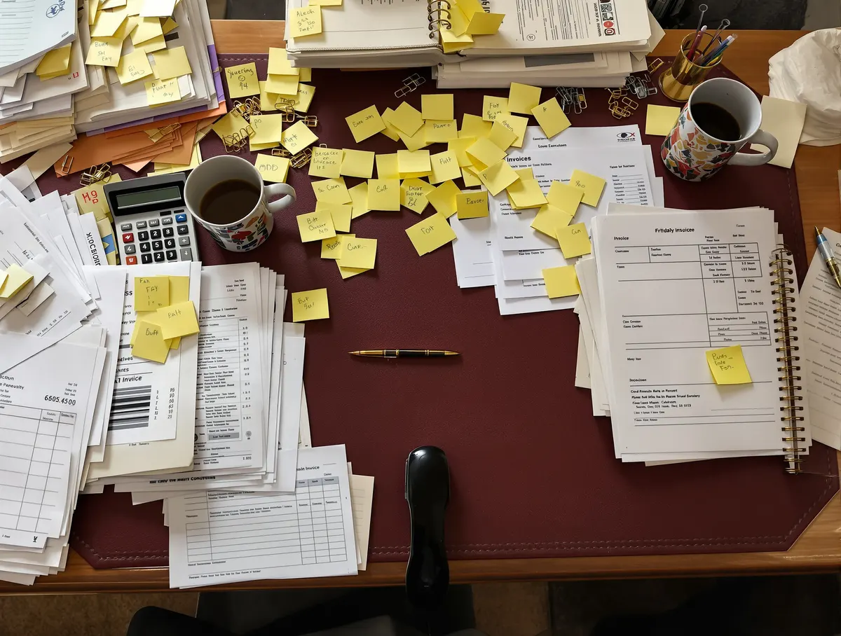 A desk buried in invoices and sticky notes
