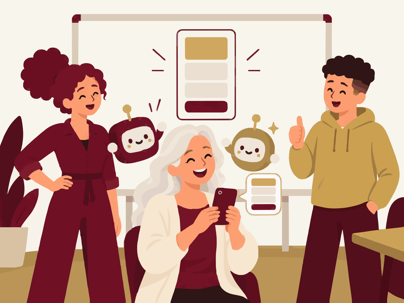 The same room: a neat app sketch on the whiteboard, a smiling customer looking at a finished app on her phone, two friendly helper bots cheering, and the founder and colleague delighted.