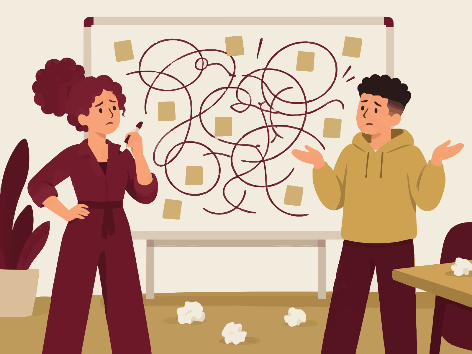 A founder stares at a whiteboard of tangled scribbles and sticky notes while a colleague shrugs; crumpled paper on the floor.