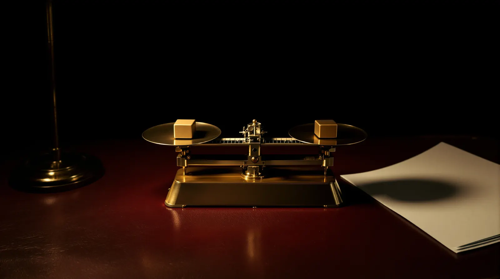 A brass balance scale holding two equal weights, perfectly level