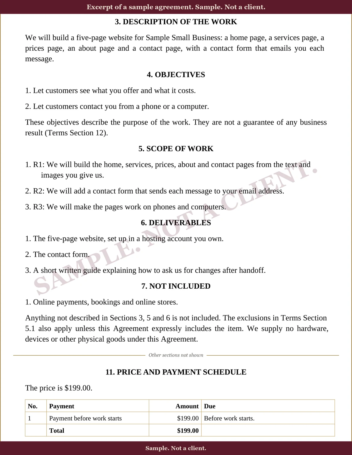 Excerpt of a sample written agreement for a made-up business, marked Sample, not a client. It shows what is included, what is not, and the price.