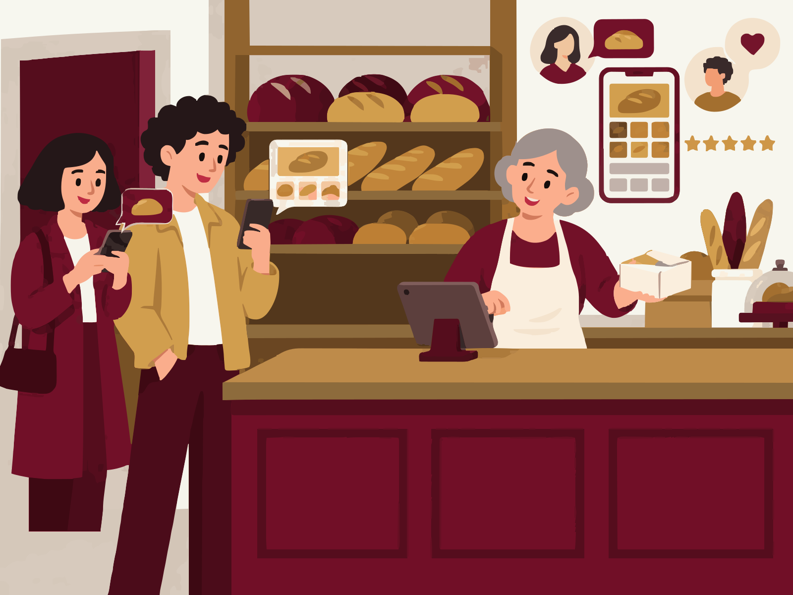 The same bakery: customers read the shop's site on their phones and send the owner messages, with a fuller site, profile pictures, stars and messages floating above.