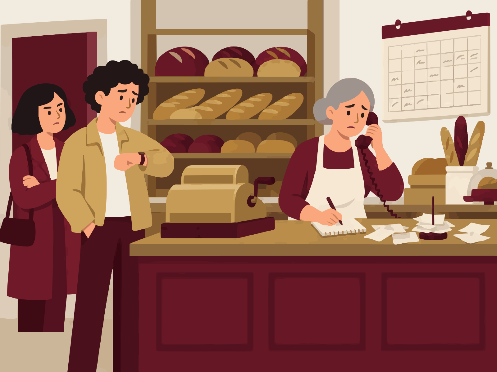 A bakery owner on a corded phone writes an order on a pad beside an old cash register and loose paper slips while two customers wait impatiently.
